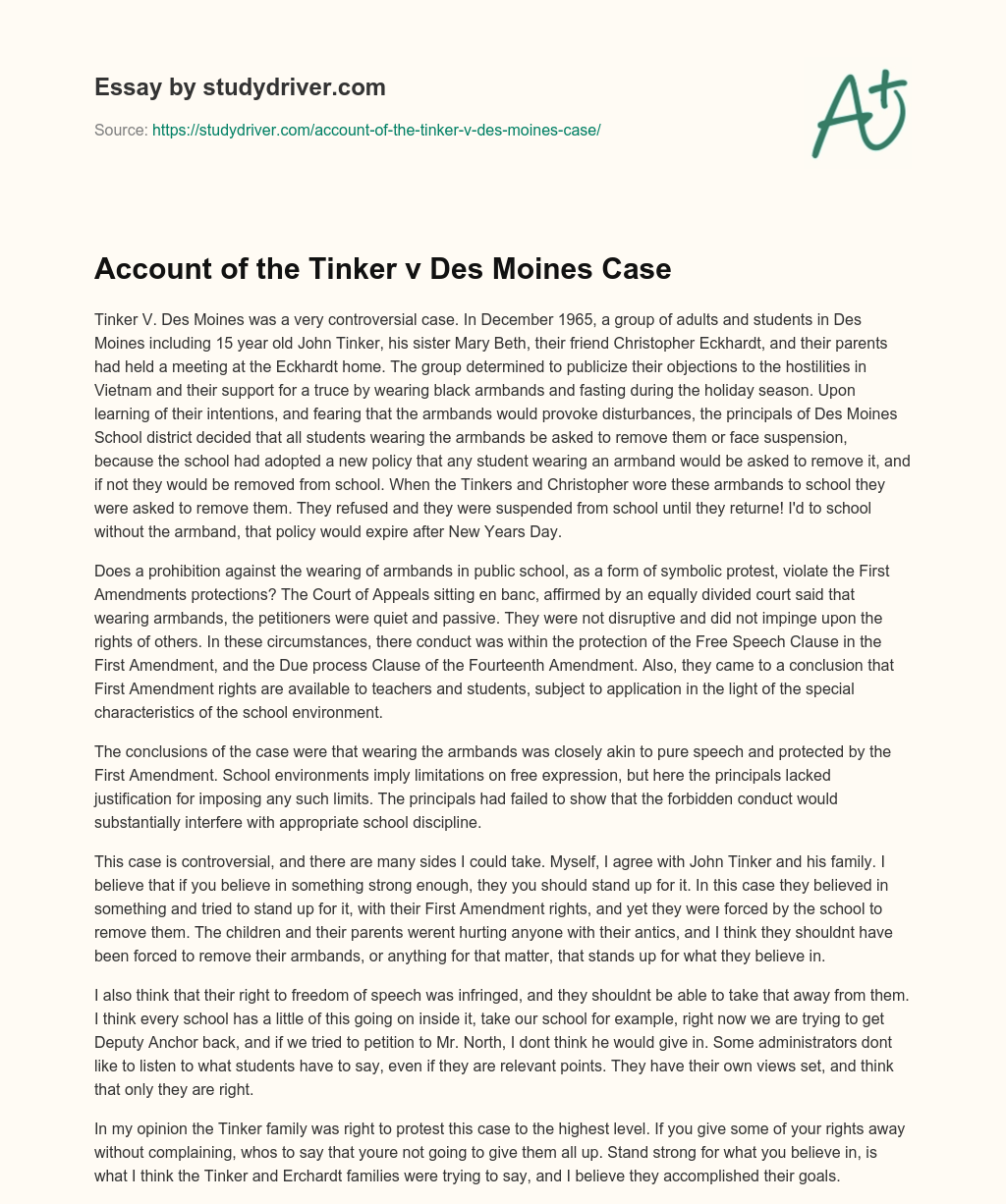 Account of the Tinker V Des Moines Case essay
