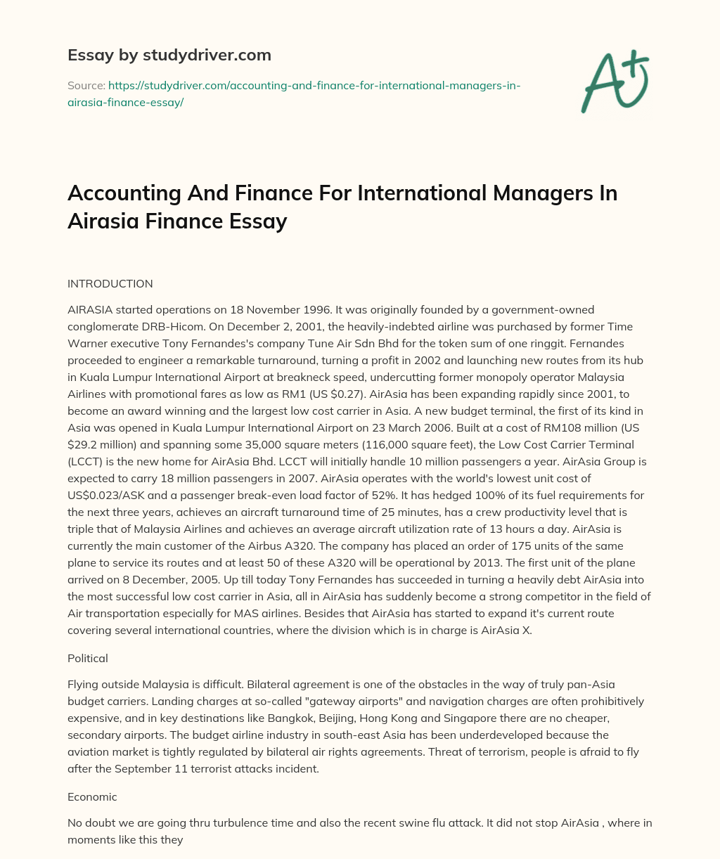 Accounting and Finance for International Managers in Airasia Finance Essay essay