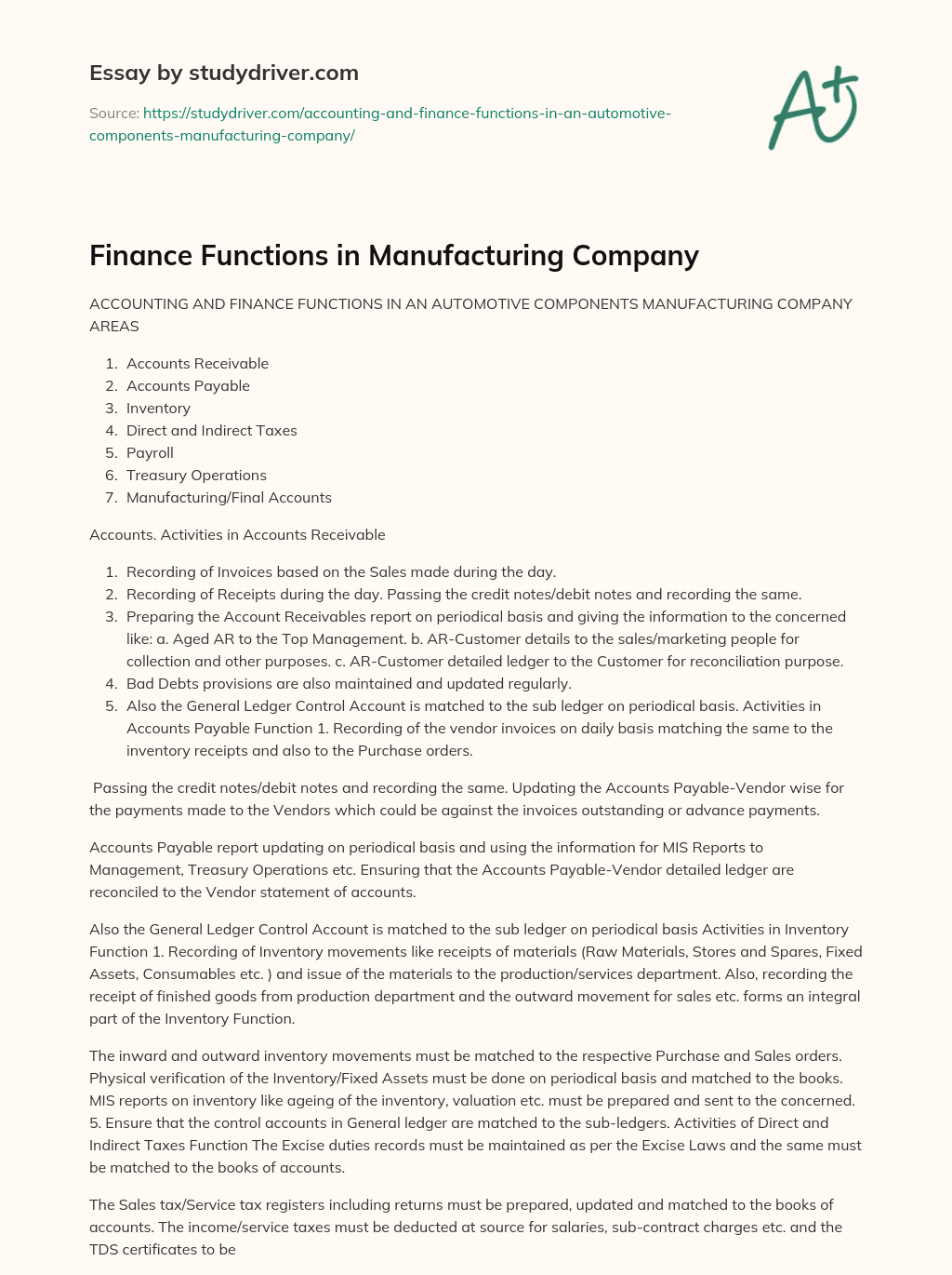 Finance Functions in Manufacturing Company essay