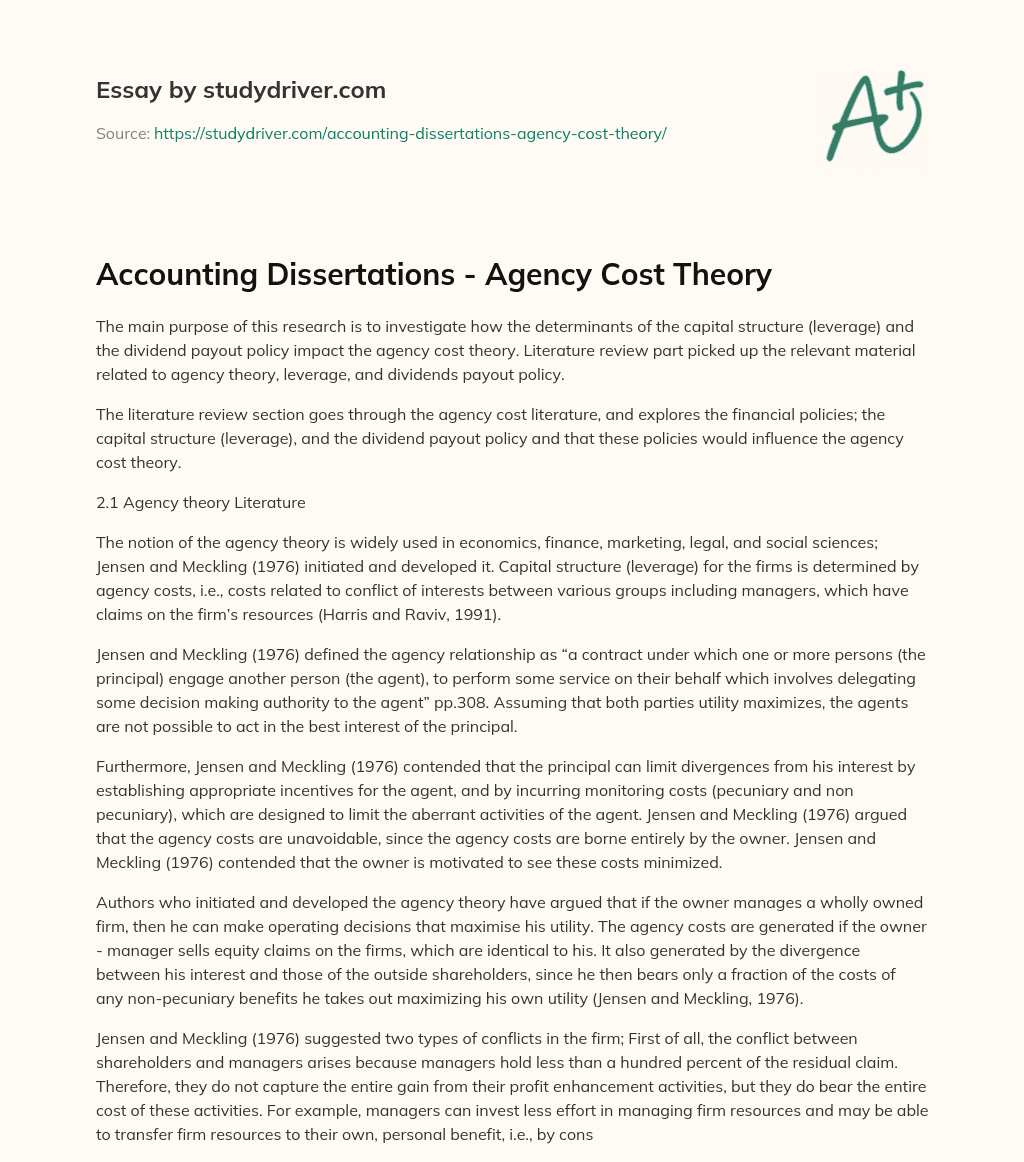 Accounting Dissertations – Agency Cost Theory essay