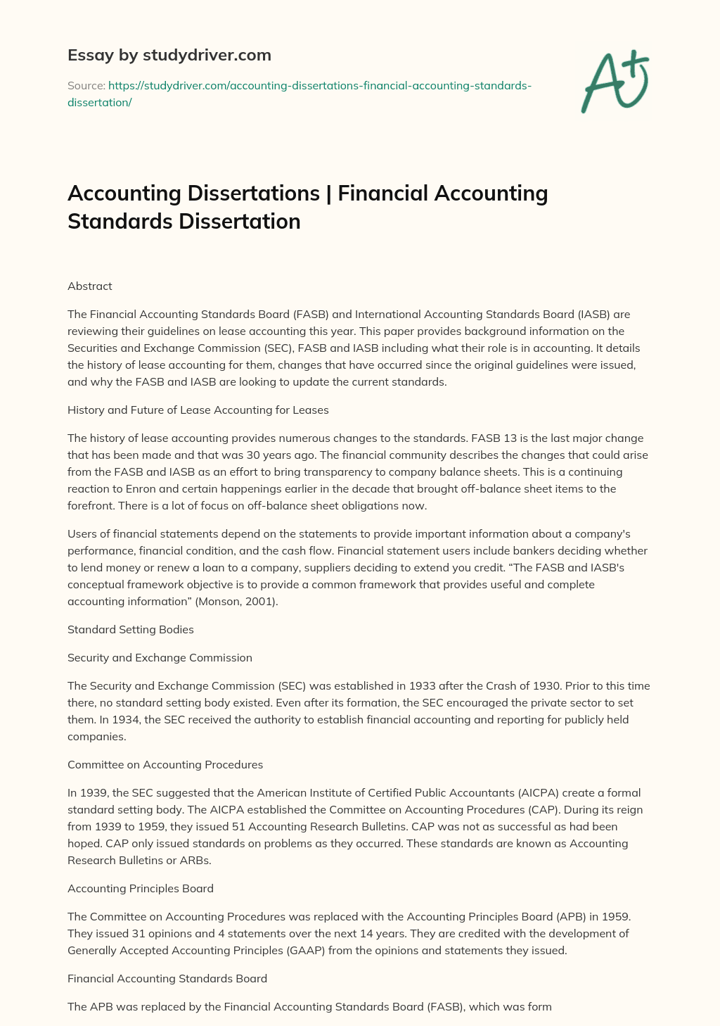 Accounting Dissertations | Financial Accounting Standards Dissertation essay
