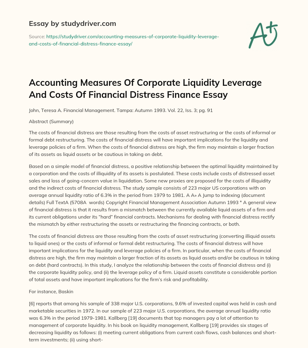 Accounting Measures of Corporate Liquidity Leverage and Costs of Financial Distress Finance Essay essay