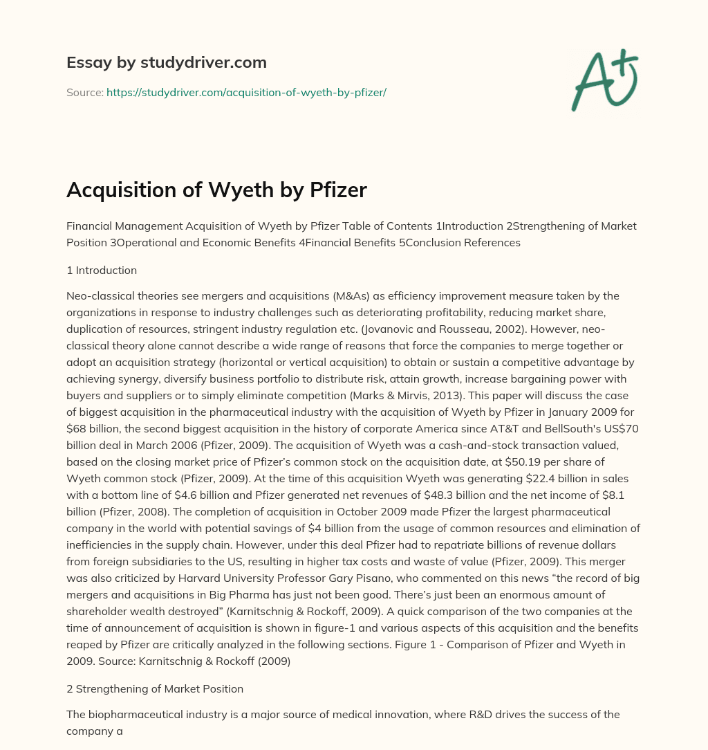 Acquisition of Wyeth by Pfizer essay