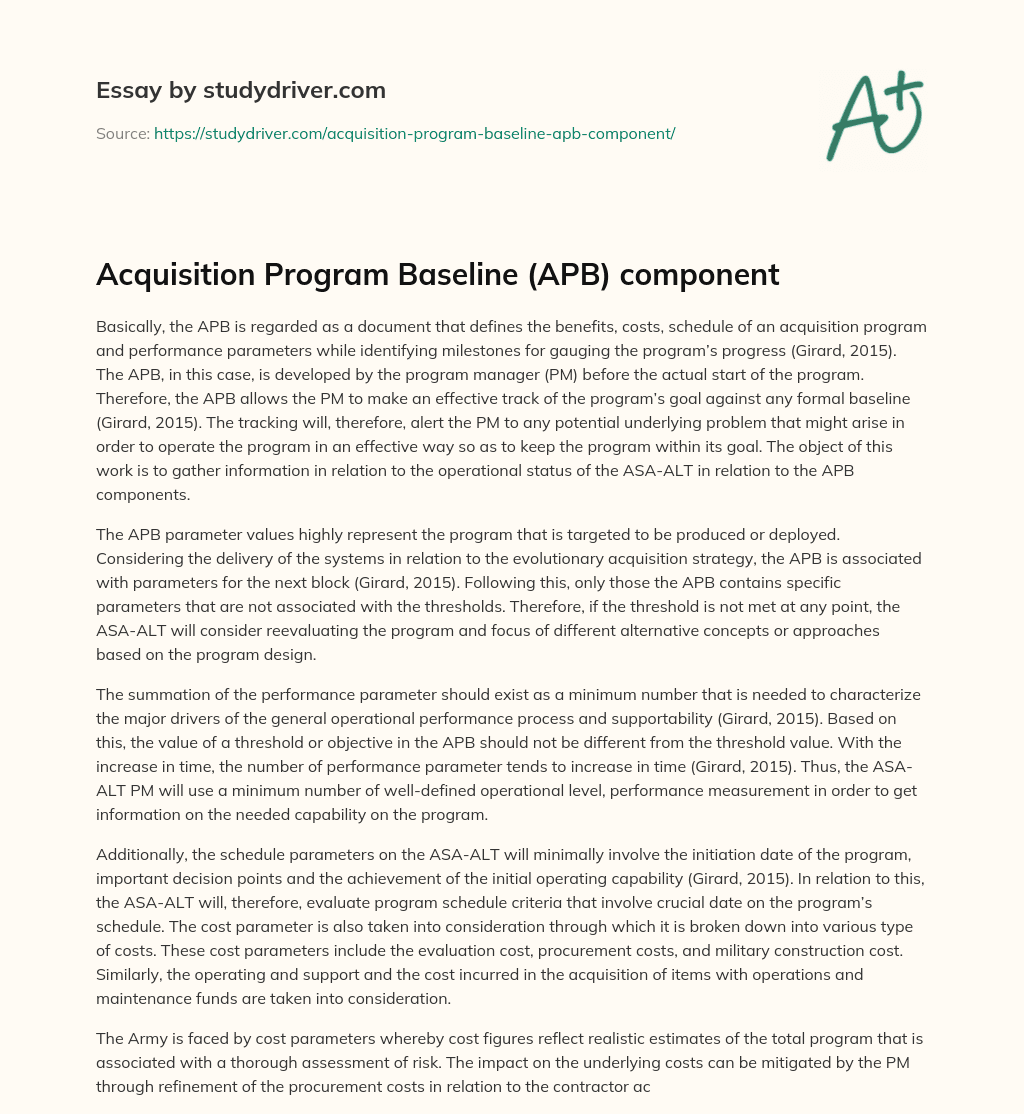 Acquisition Program Baseline (APB) Component essay