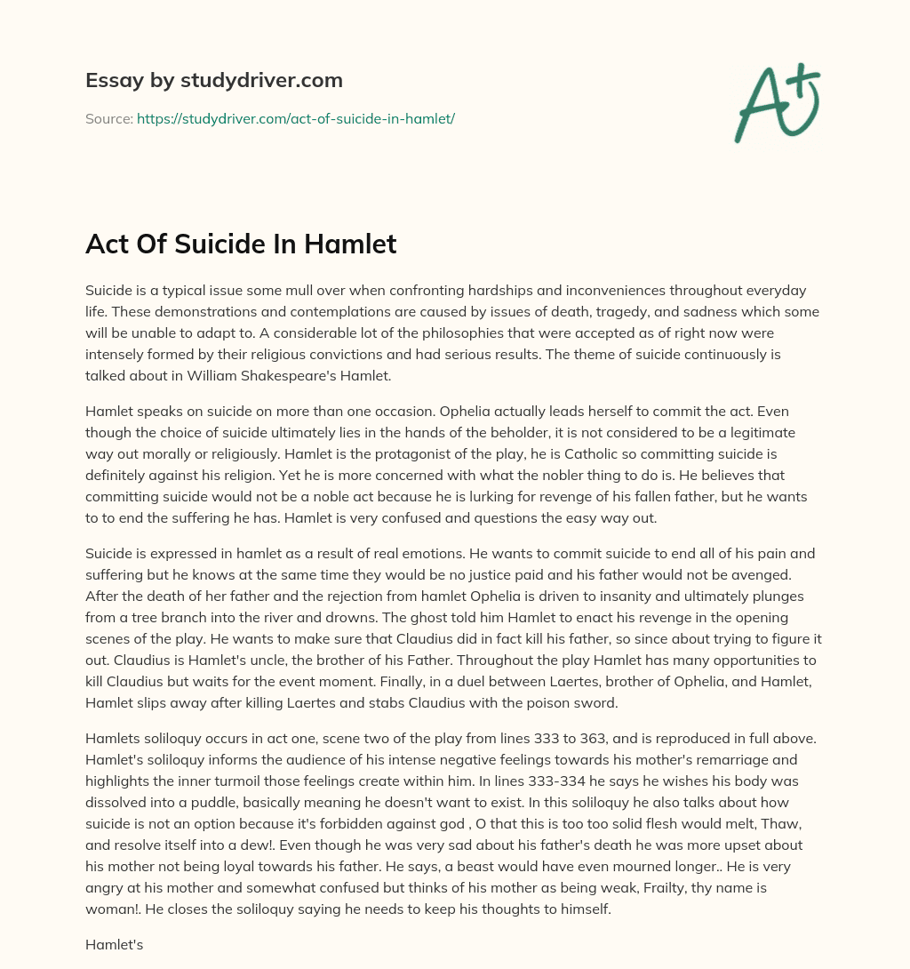 Act of Suicide in Hamlet essay