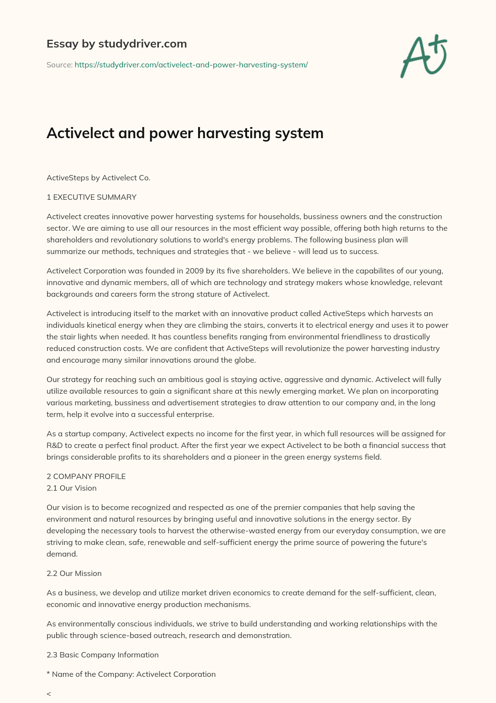 Activelect and Power Harvesting System essay