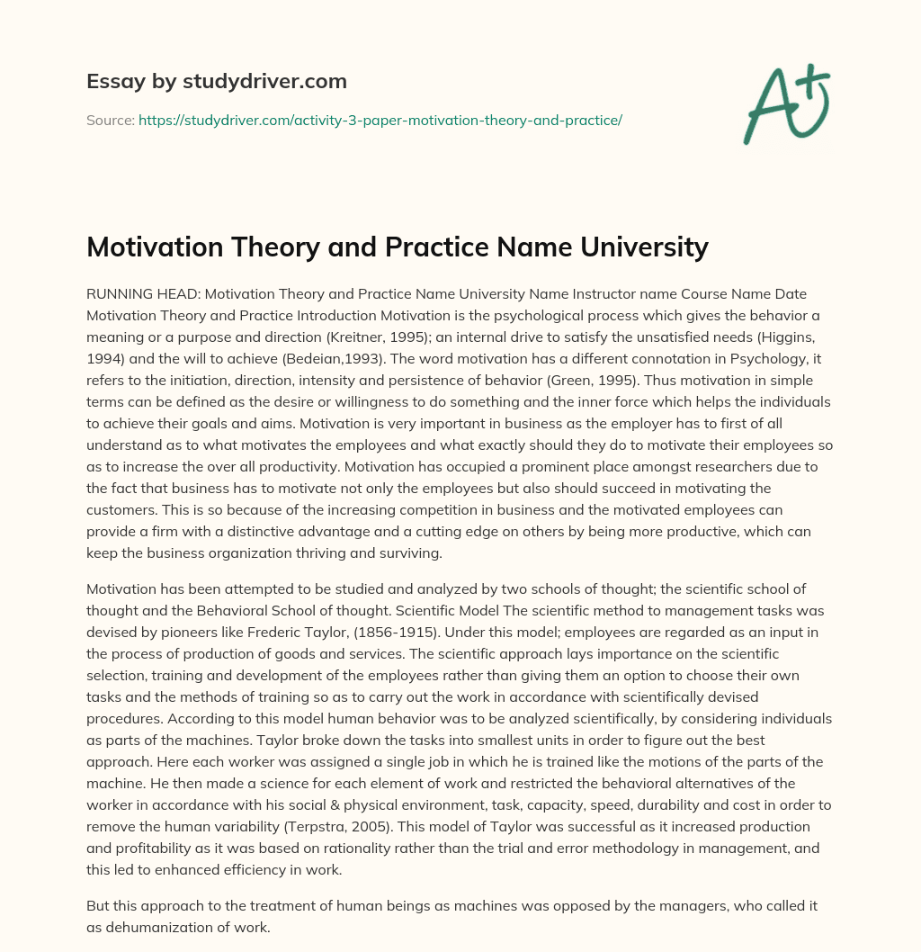 Motivation Theory and Practice Name University essay