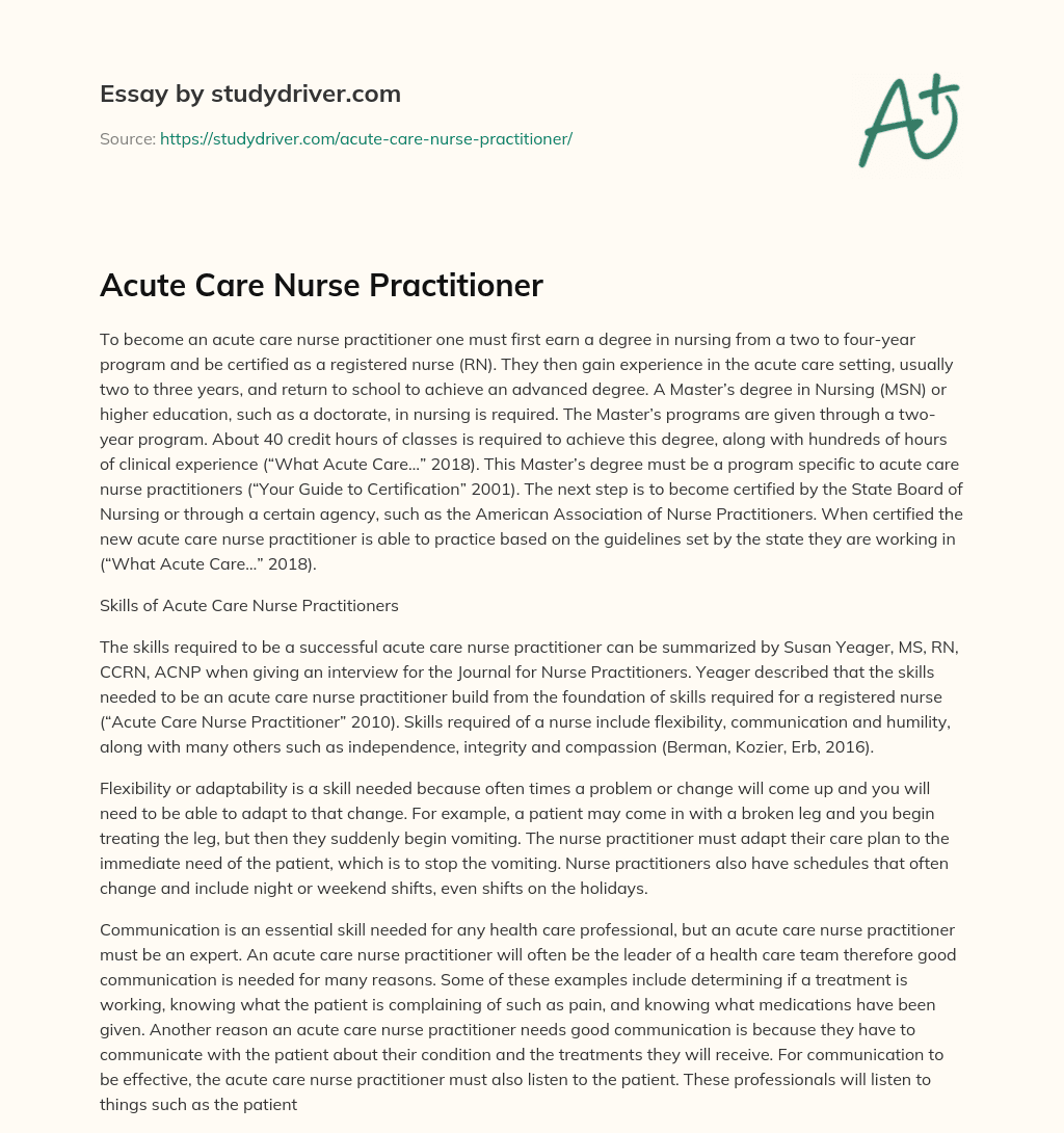 Acute Care Nurse Practitioner essay