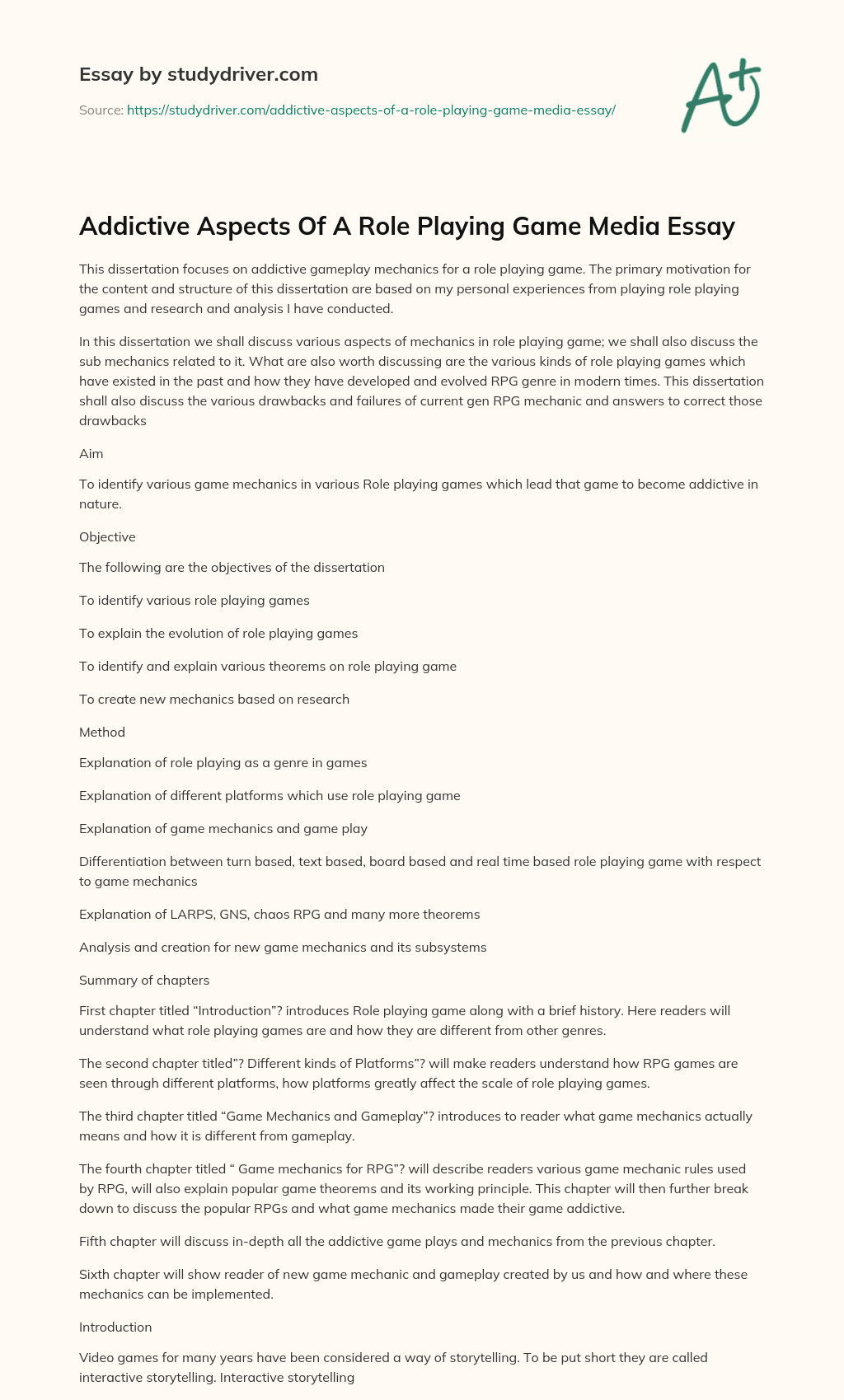 Addictive Aspects of a Role Playing Game Media Essay essay