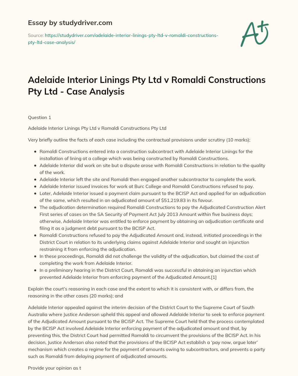Adelaide Interior Linings Pty Ltd V Romaldi Constructions Pty Ltd – Case Analysis essay