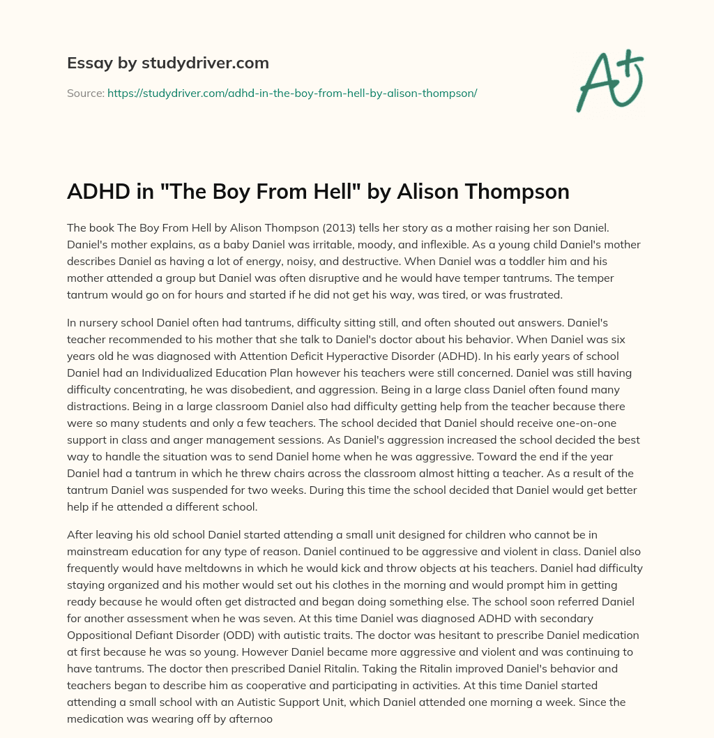 ADHD in “The Boy from Hell” by Alison Thompson essay