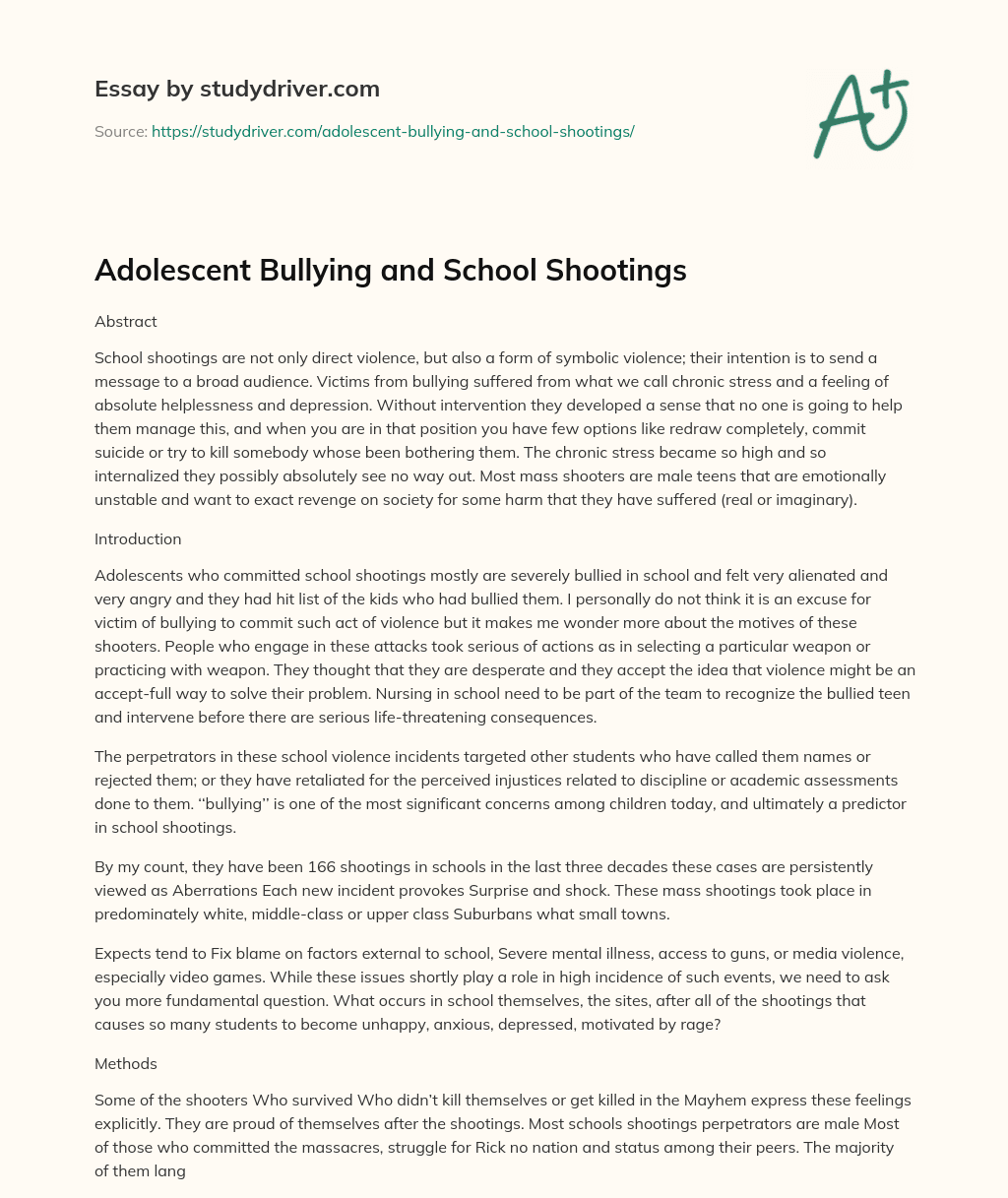 Adolescent Bullying and School Shootings essay
