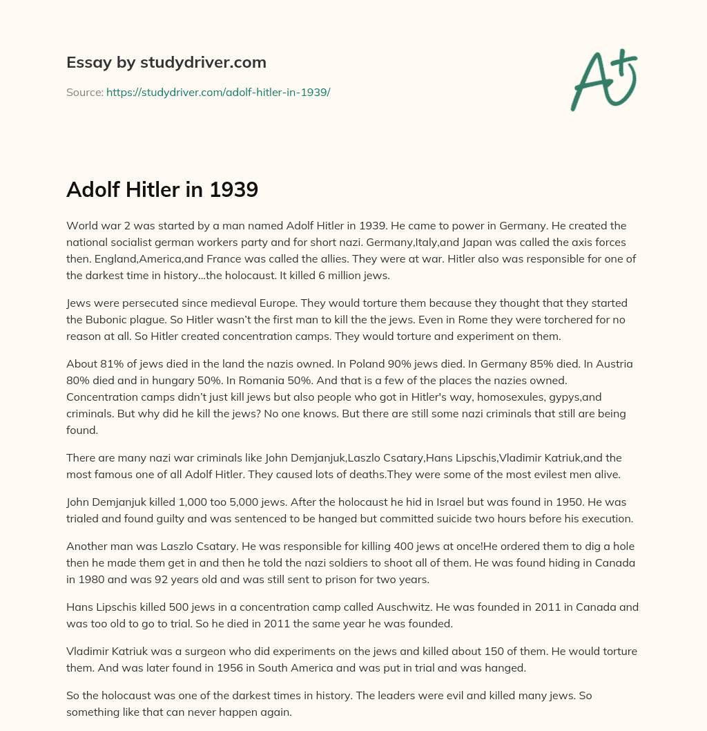Adolf Hitler in 1939 essay