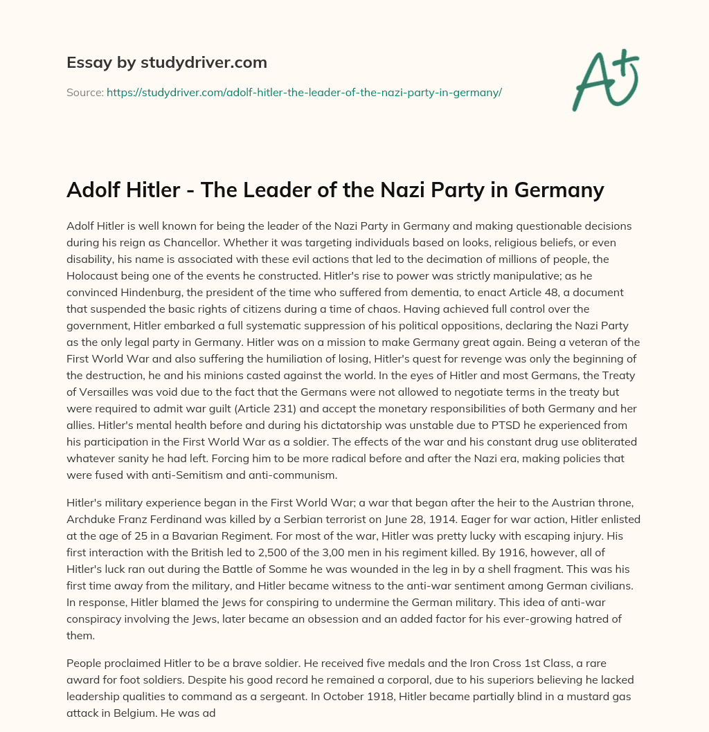Adolf Hitler – the Leader of the Nazi Party in Germany essay