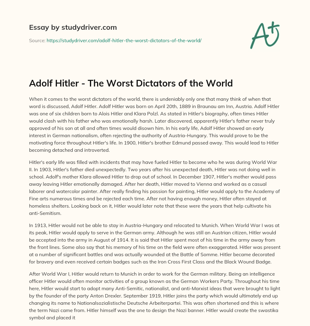 Adolf Hitler – the Worst Dictators of the World essay