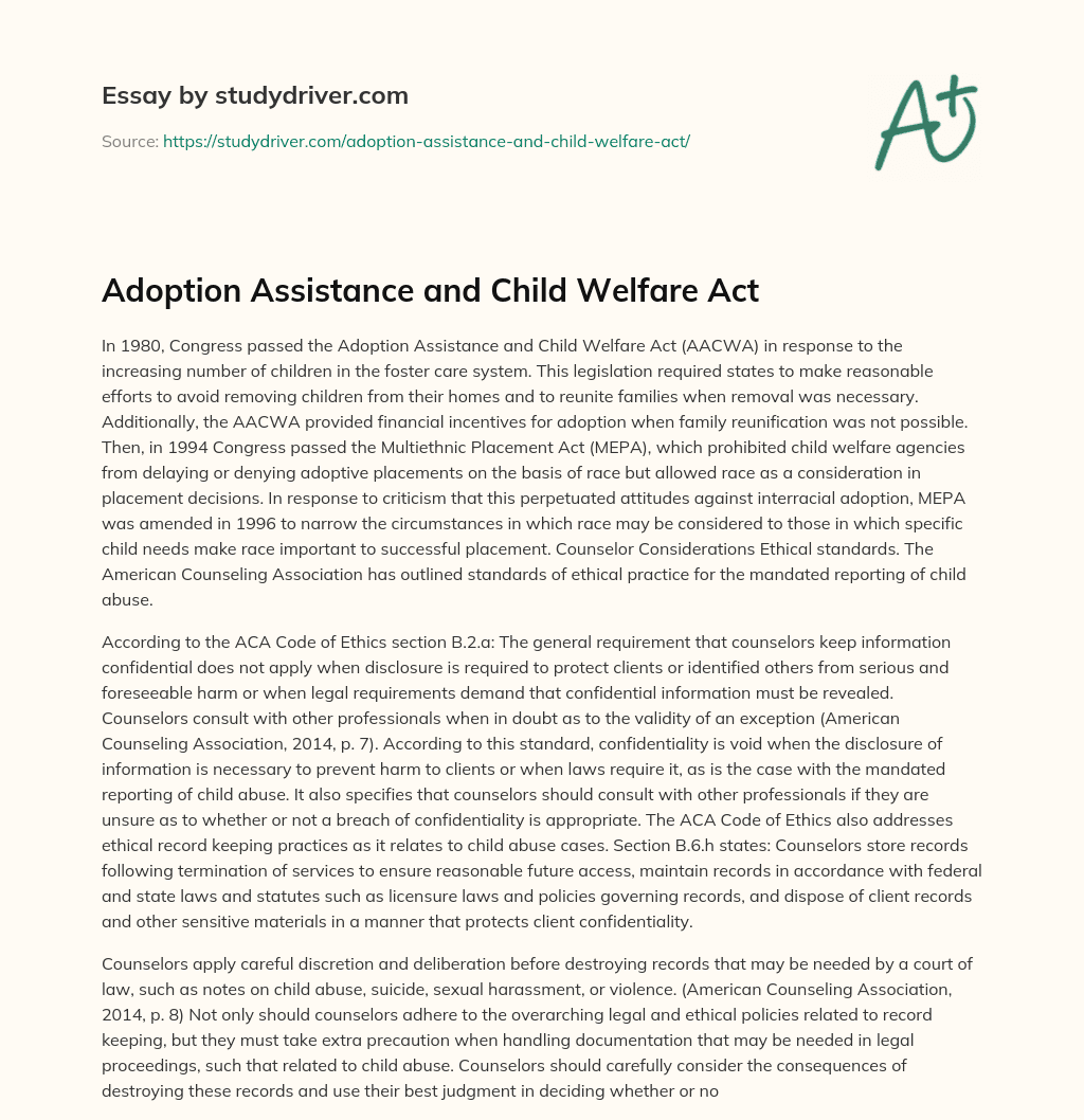 Adoption Assistance and Child Welfare Act essay