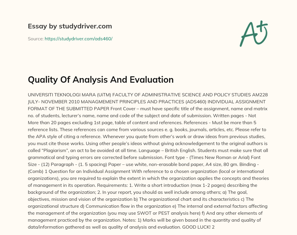 Quality of Analysis and Evaluation essay