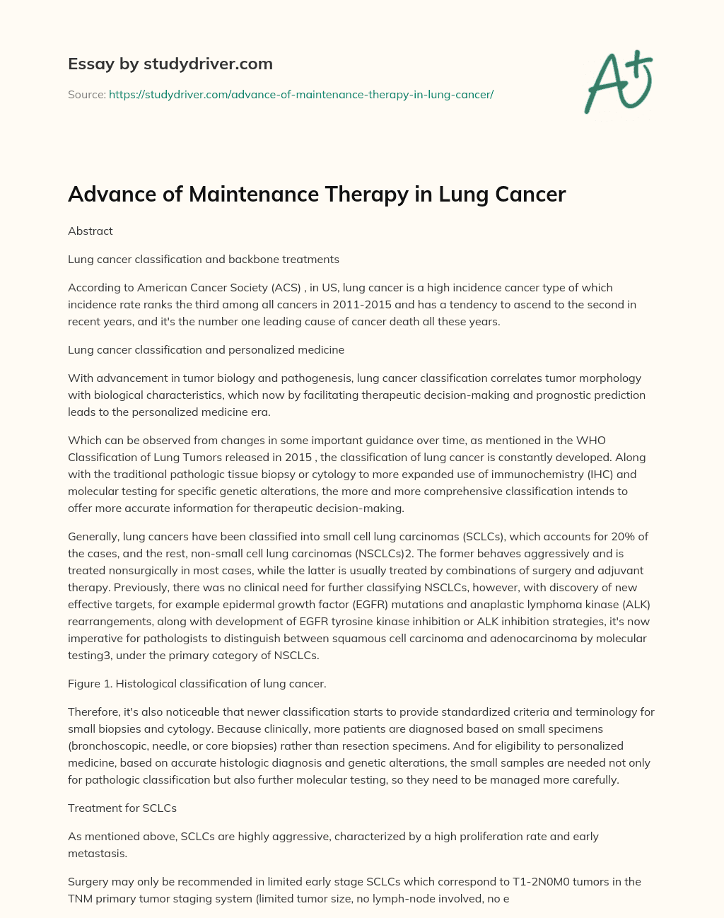 Advance of Maintenance Therapy in Lung Cancer essay
