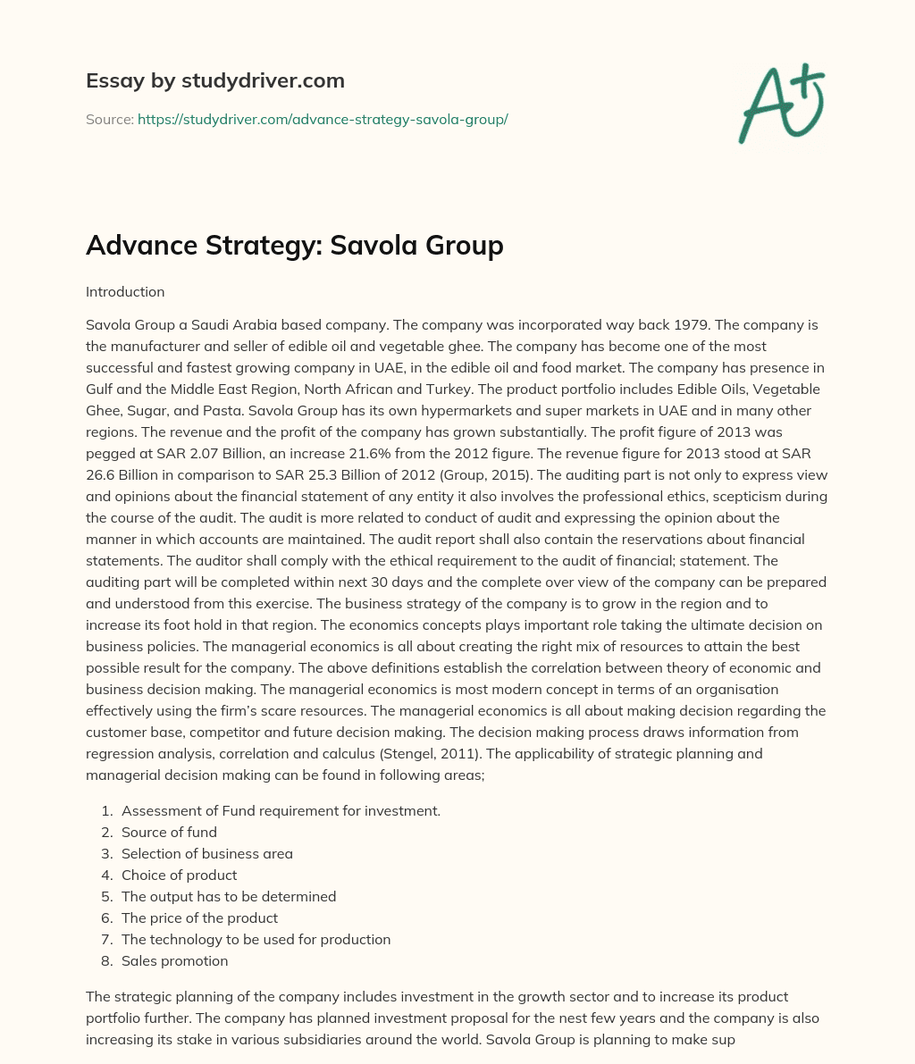 Advance Strategy: Savola Group essay