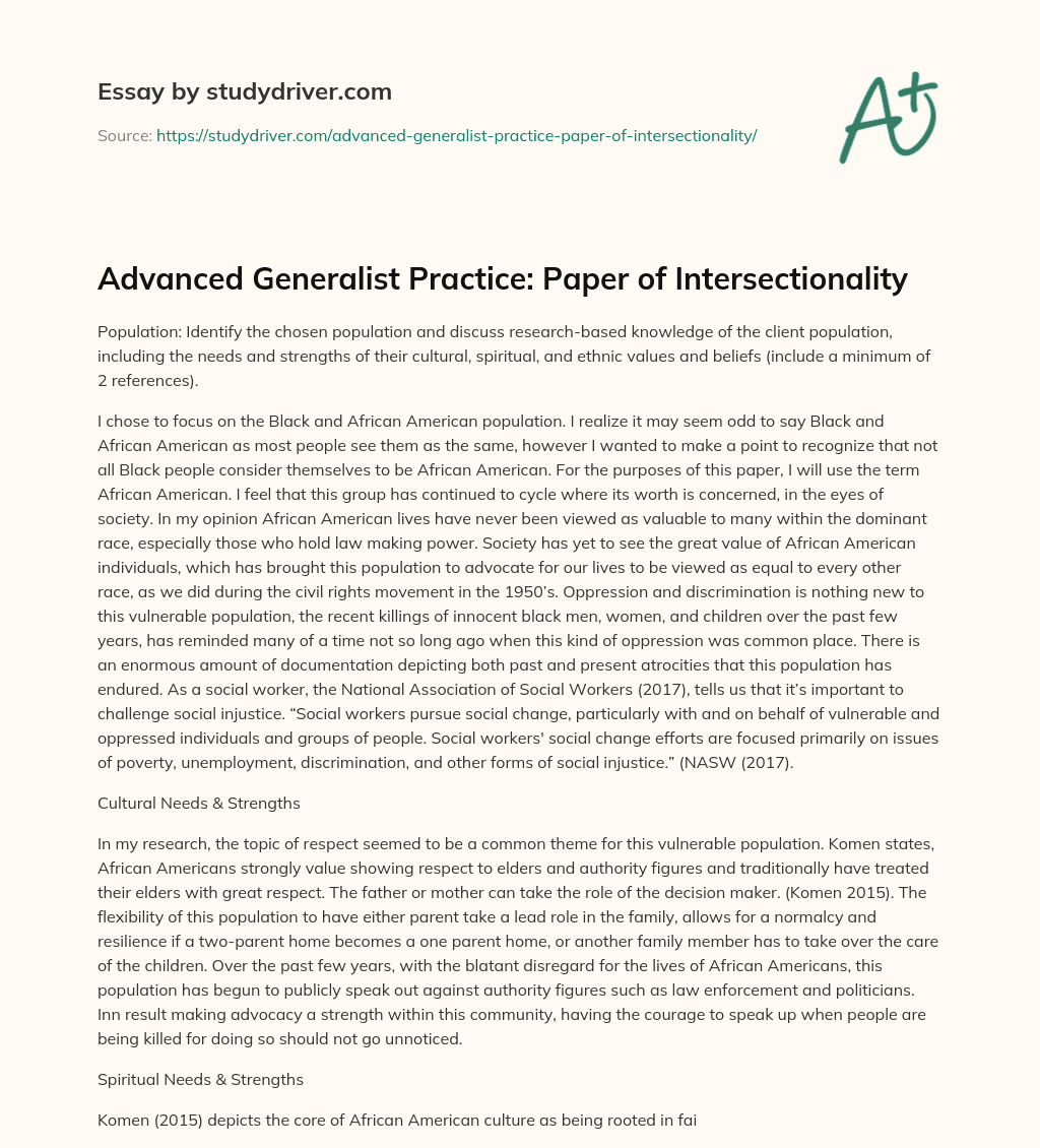 Advanced Generalist Practice: Paper of Intersectionality essay