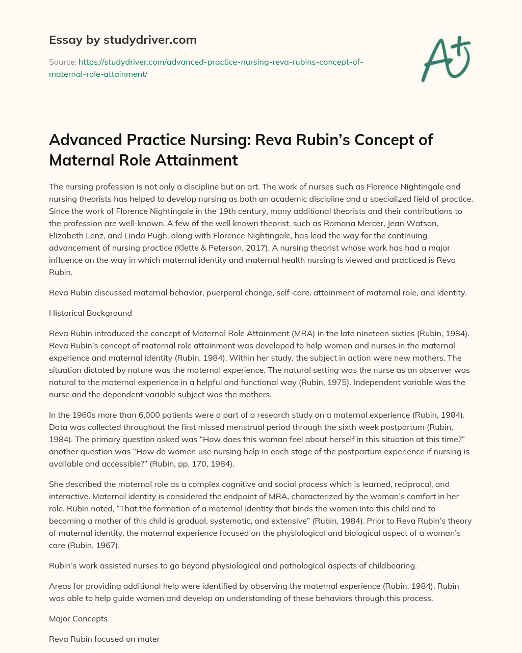 Advanced Practice Nursing: Reva Rubin’s Concept of Maternal Role Attainment essay