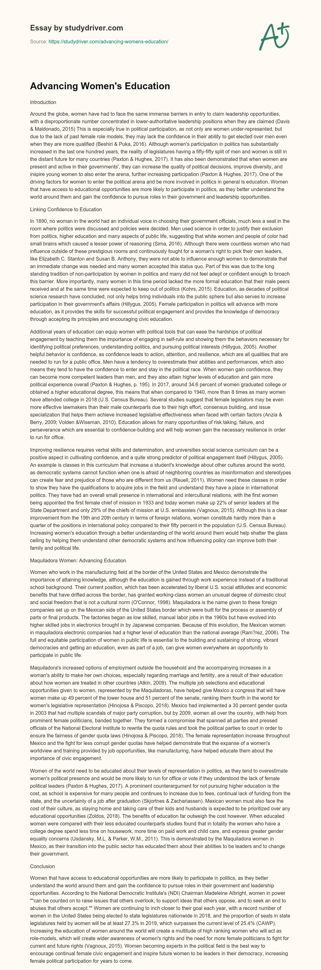 Advancing Women’s Education essay