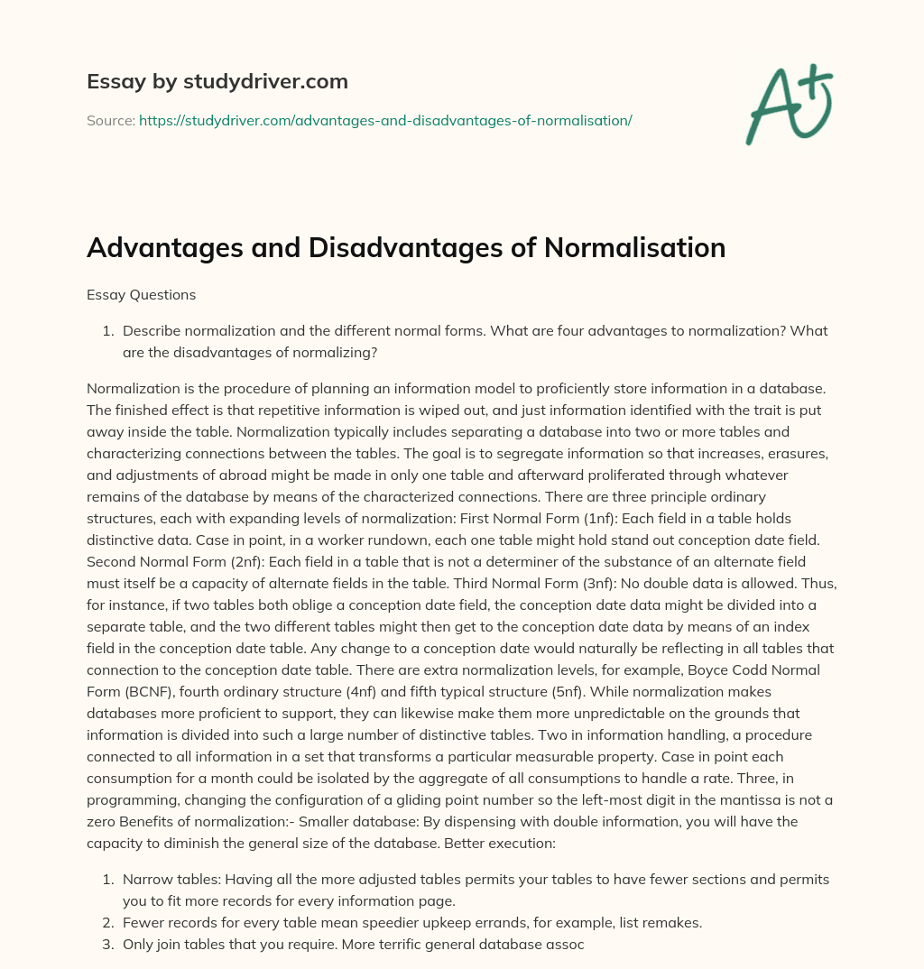 Advantages and Disadvantages of Normalisation essay