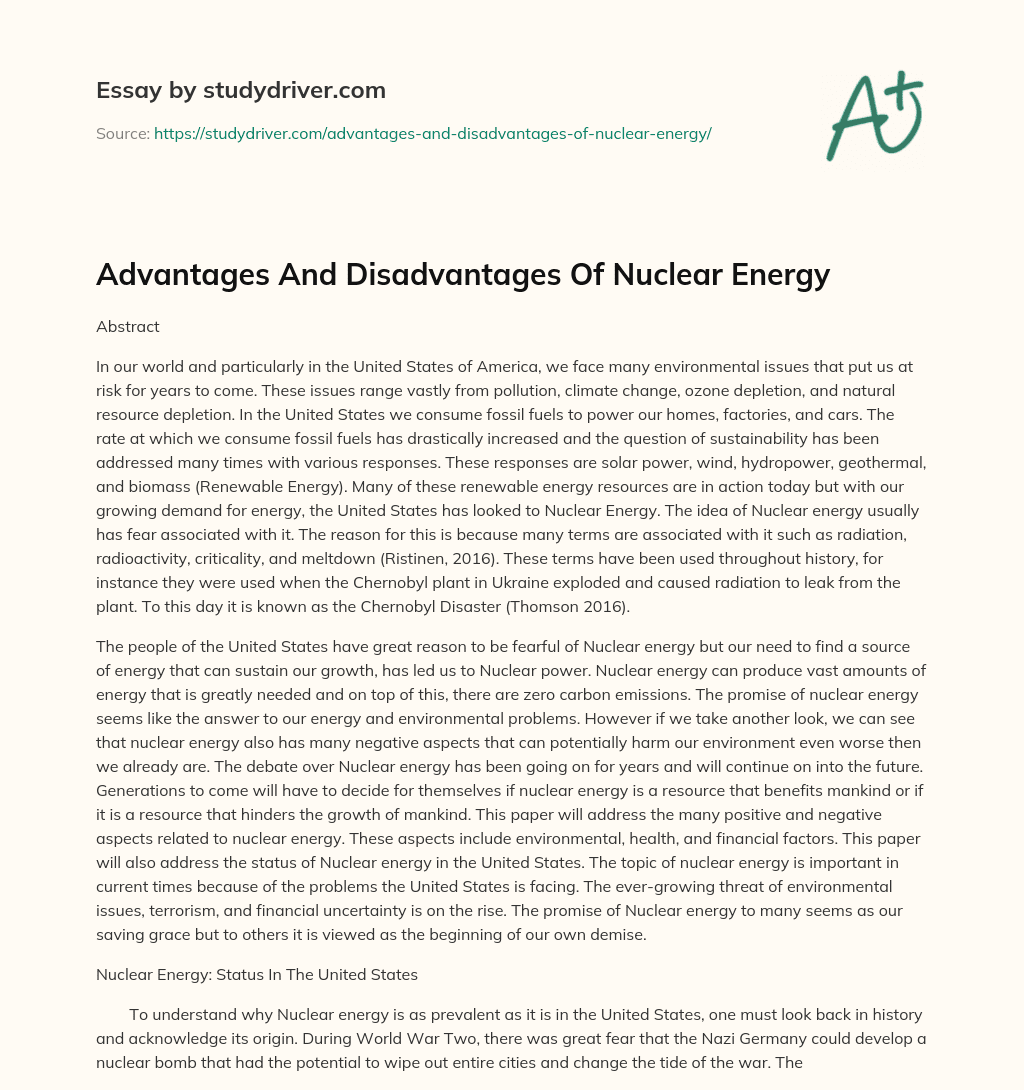 Advantages and Disadvantages of Nuclear Energy essay