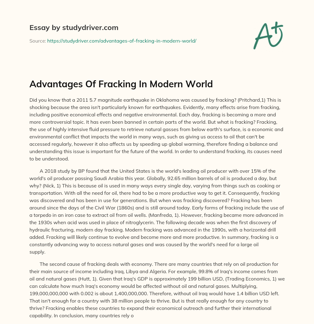 Advantages of Fracking in Modern World essay