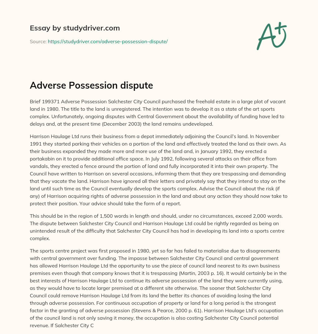 Adverse Possession Dispute essay