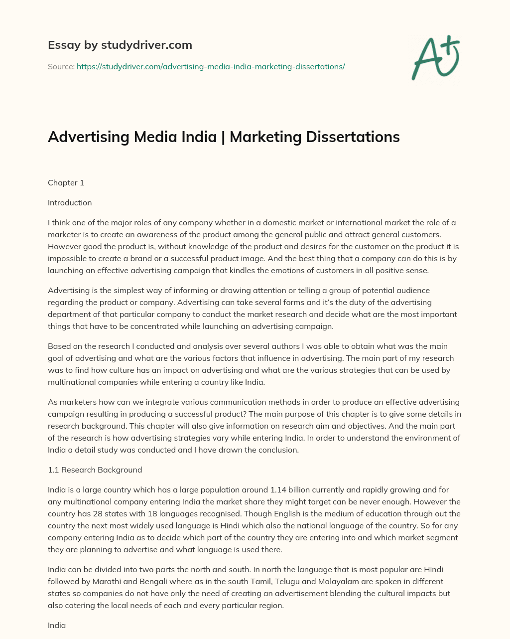 Advertising Media India | Marketing Dissertations essay