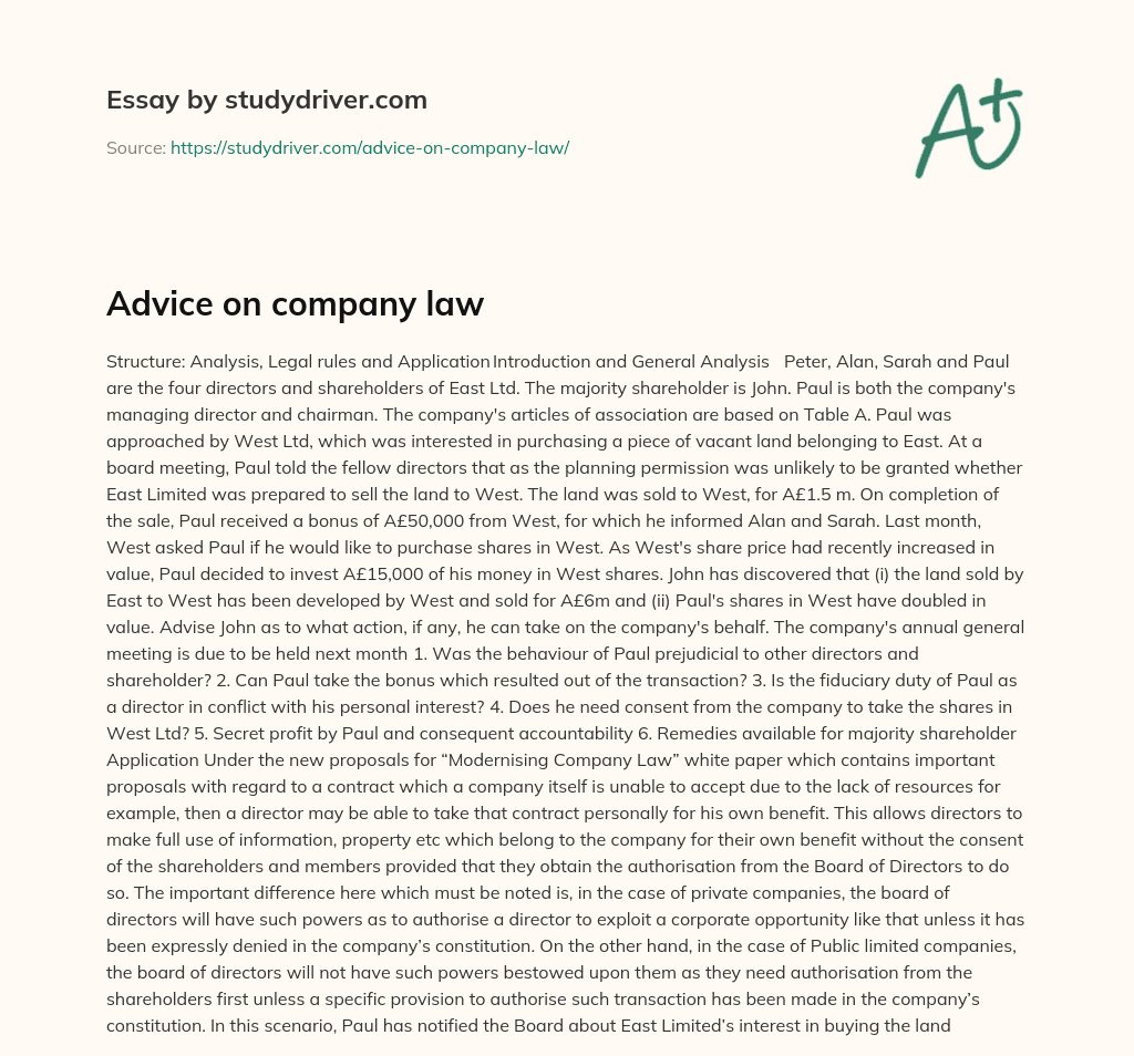 Advice on Company Law essay