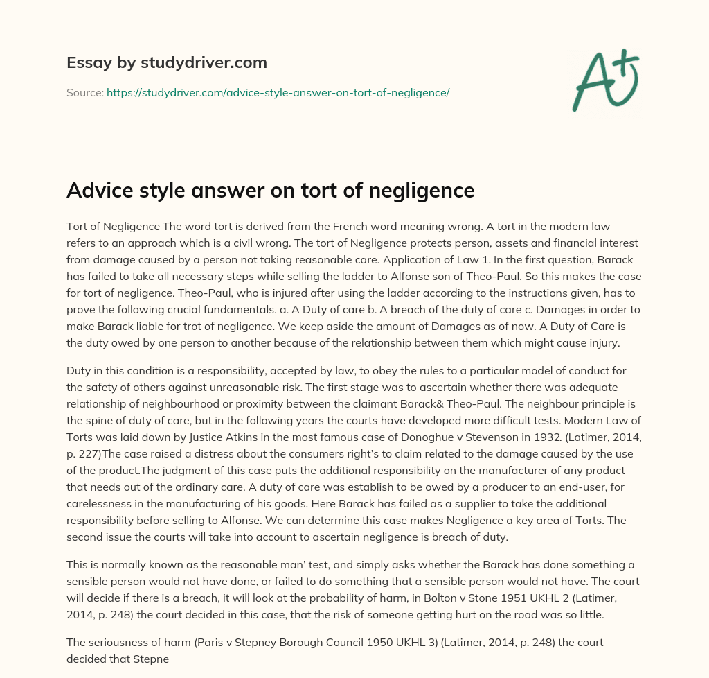 Advice Style Answer on Tort of Negligence essay