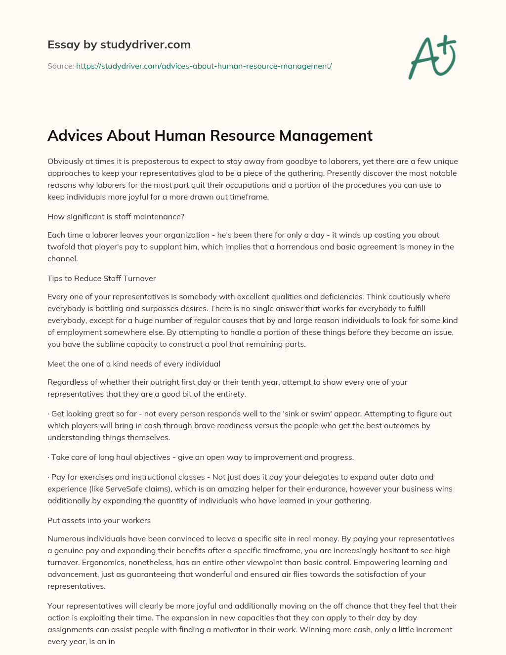 Advices about Human Resource Management essay