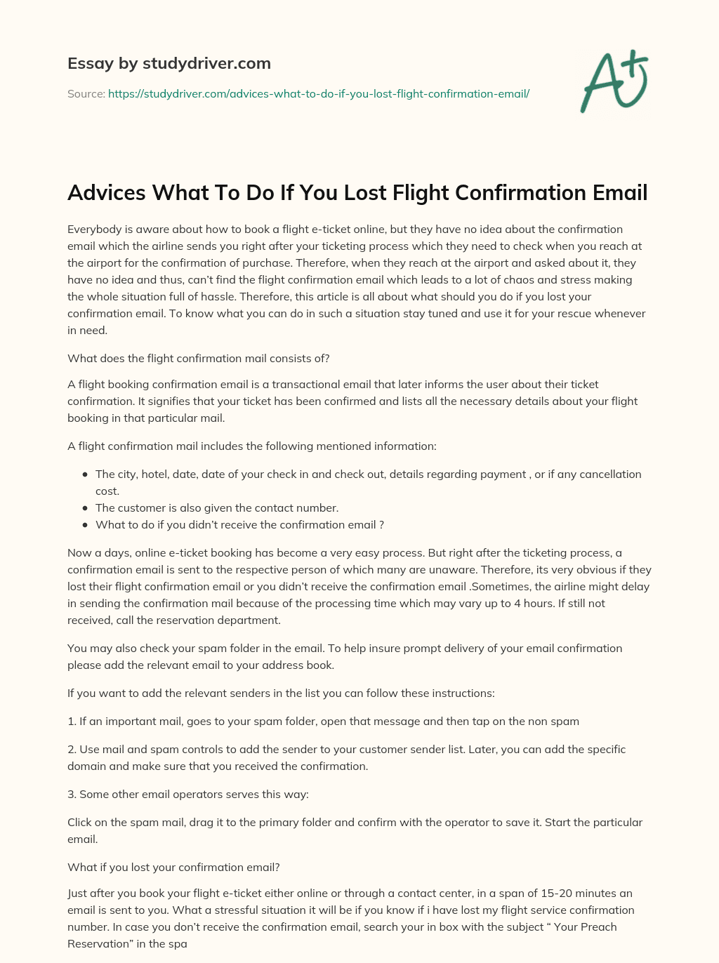Advices what to do if you Lost Flight Confirmation Email essay