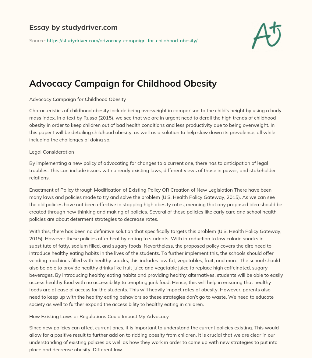 Advocacy Campaign for Childhood Obesity essay