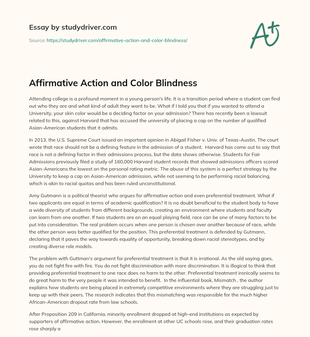 Affirmative Action and Color Blindness essay