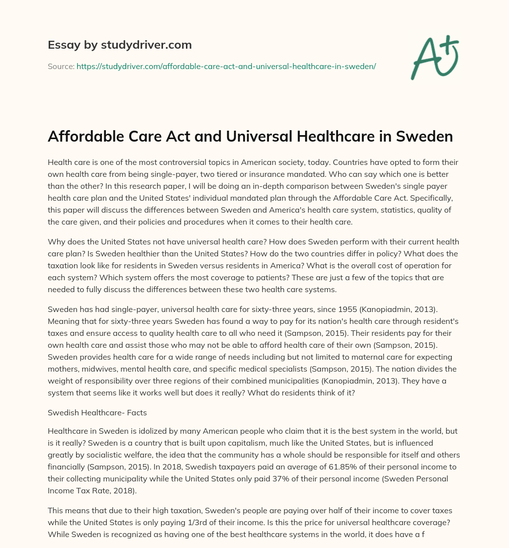 Affordable Care Act and Universal Healthcare in Sweden essay
