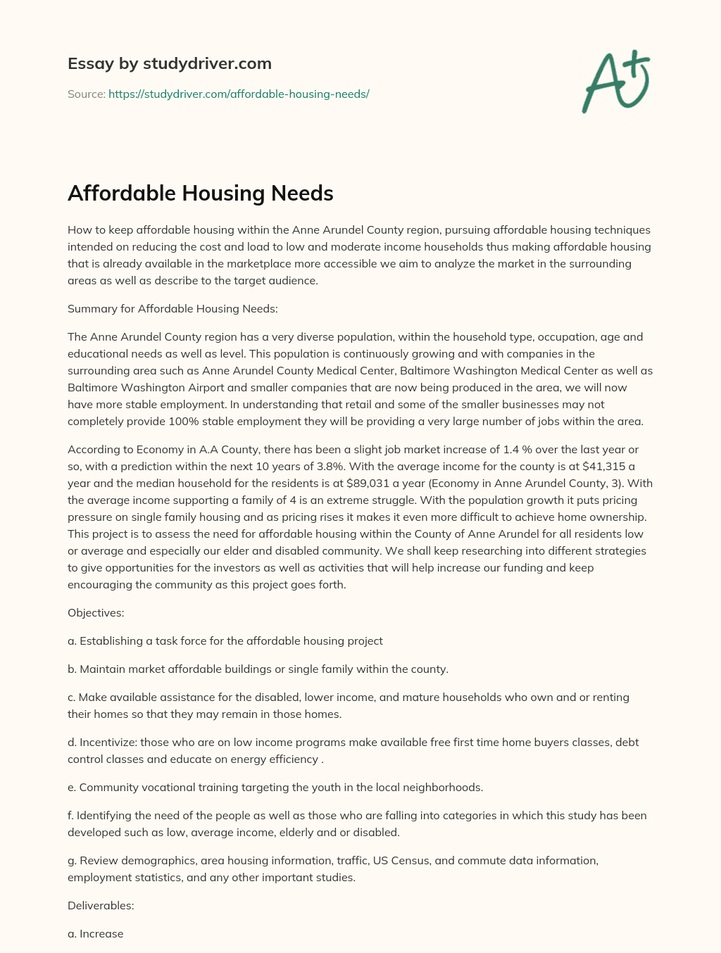 Affordable Housing Needs essay