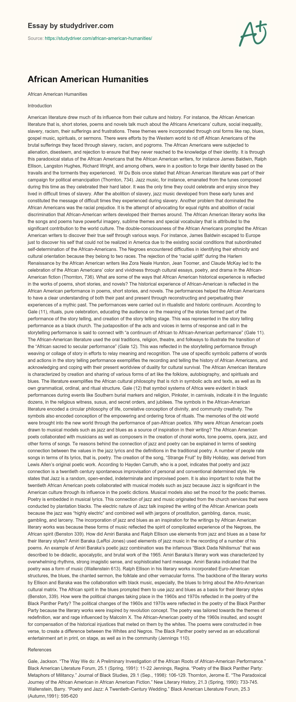 African American Humanities essay