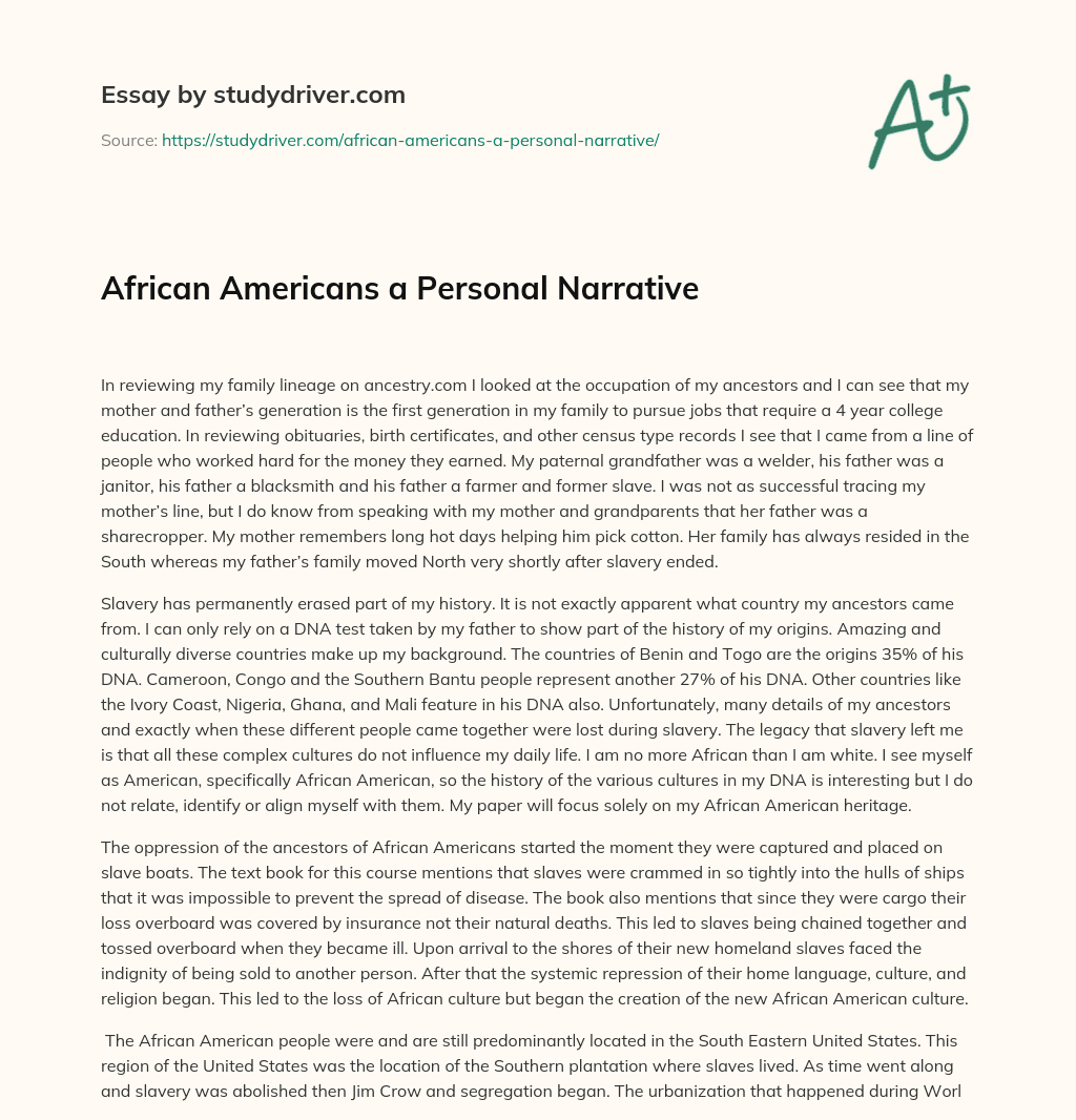 African Americans a Personal Narrative essay