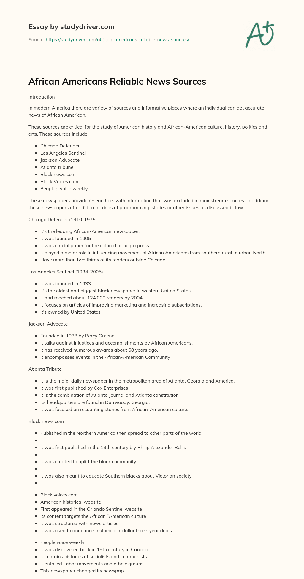 African Americans Reliable News Sources essay