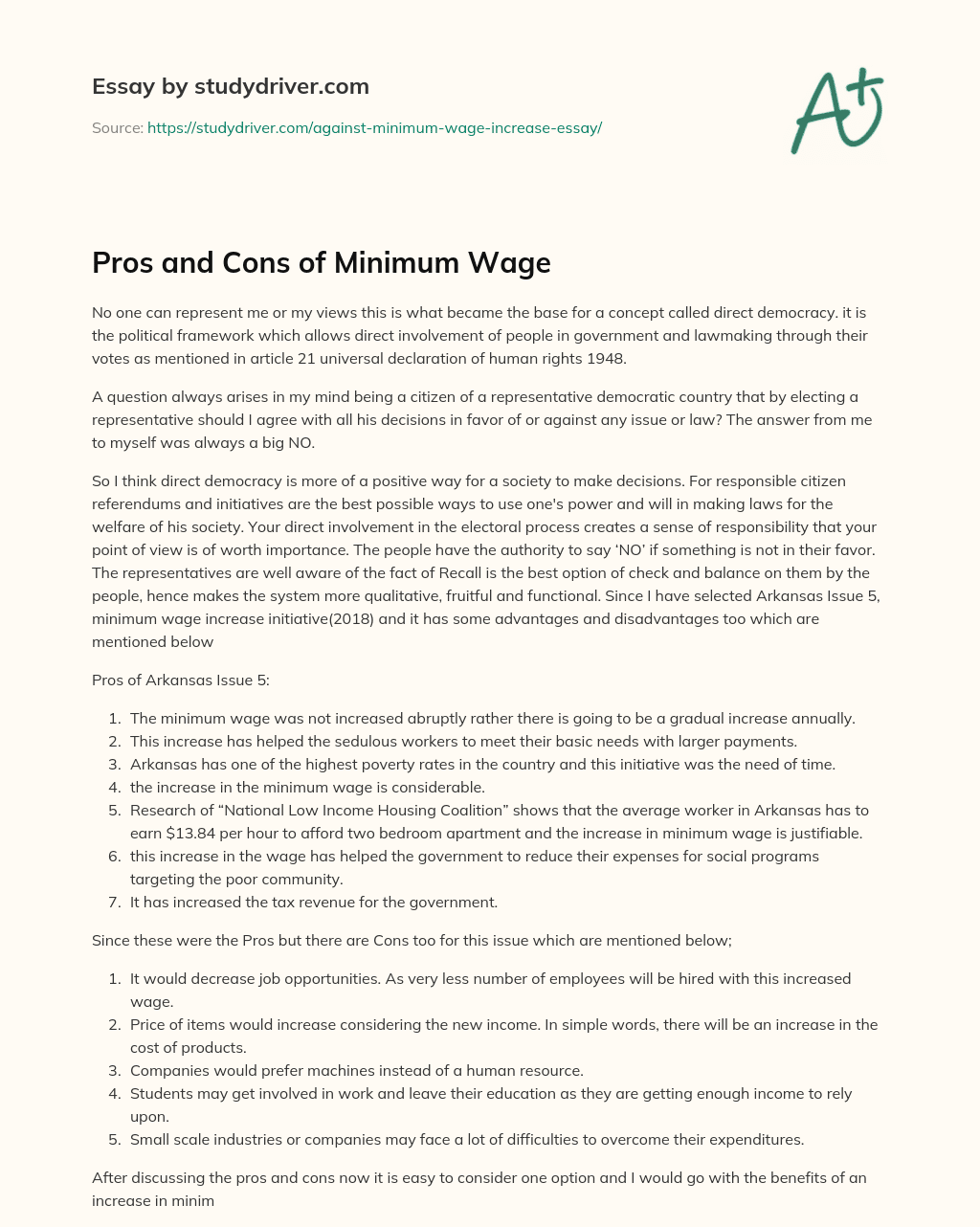 Pros and Cons of Minimum Wage essay