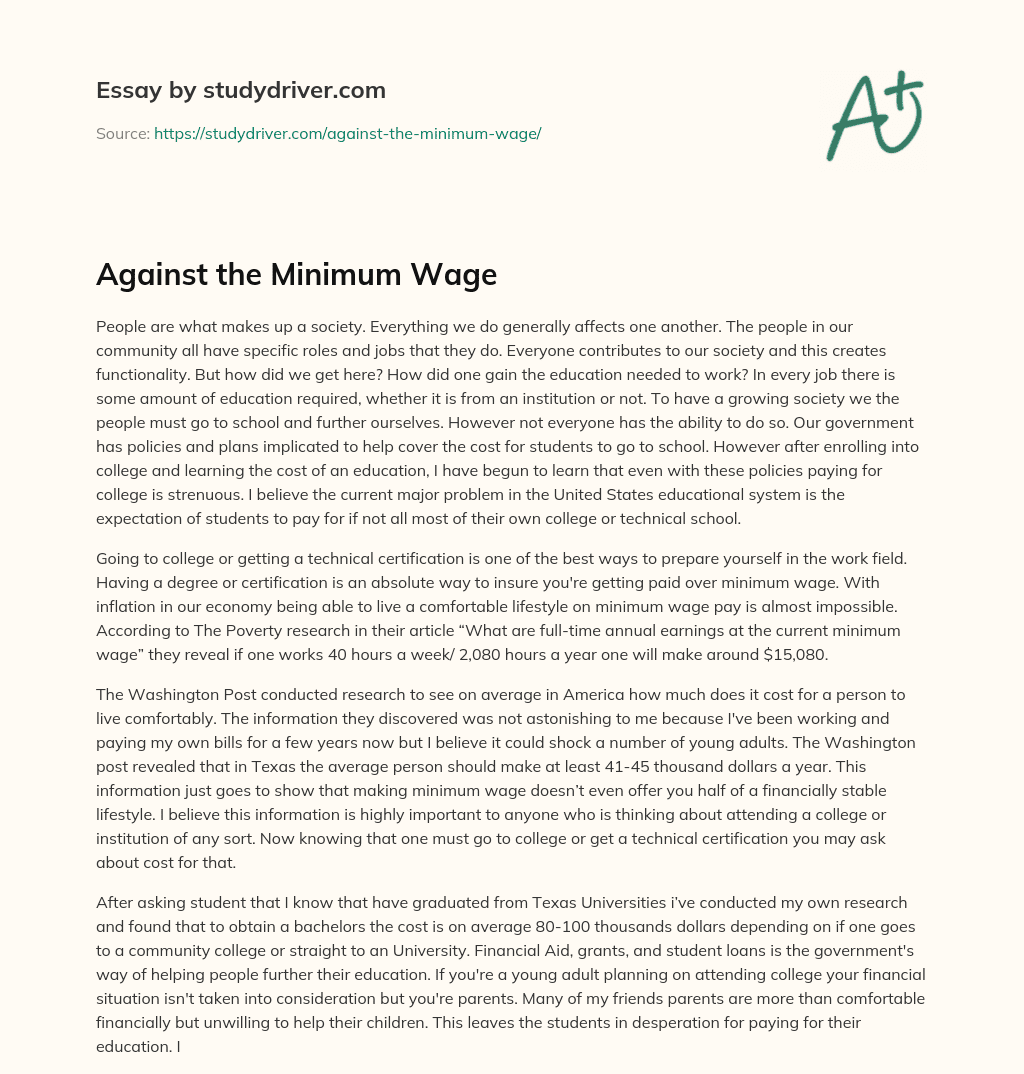 Against the Minimum Wage essay