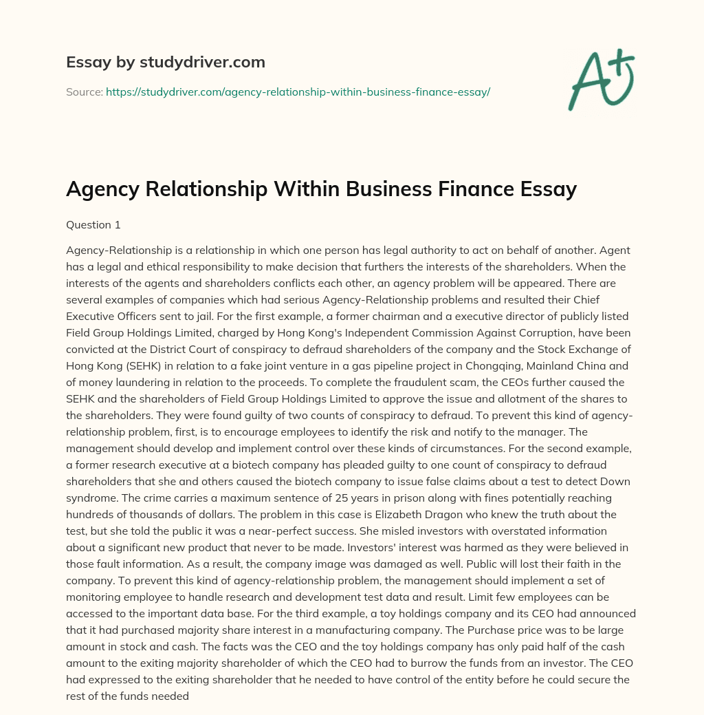 Agency Relationship Within Business Finance Essay essay
