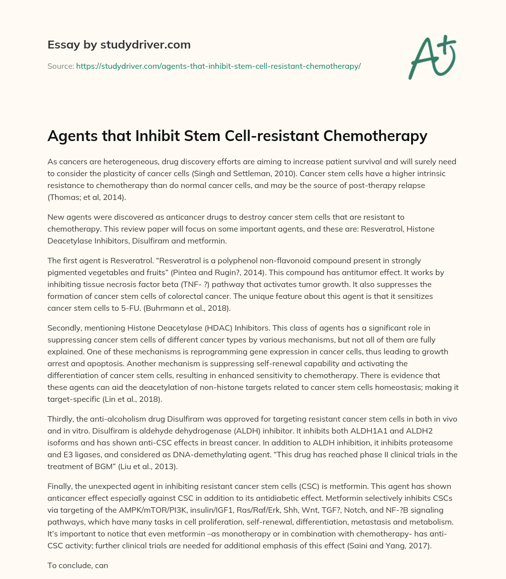 Agents that Inhibit Stem Cell-resistant Chemotherapy essay
