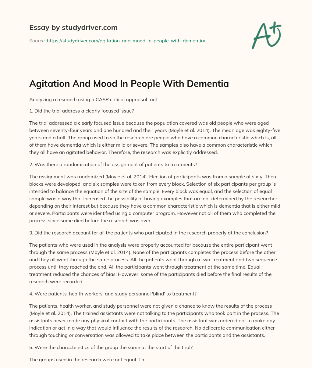 Agitation and Mood in People with Dementia essay