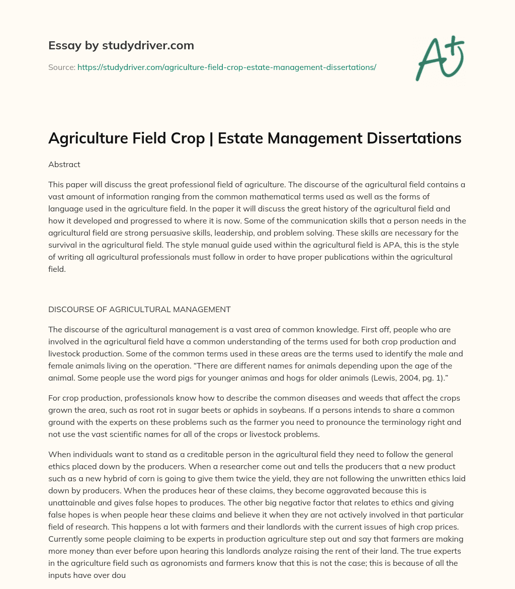 Agriculture Field Crop | Estate Management Dissertations essay