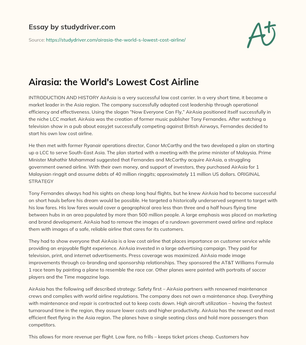 Airasia: the World’s Lowest Cost Airline essay