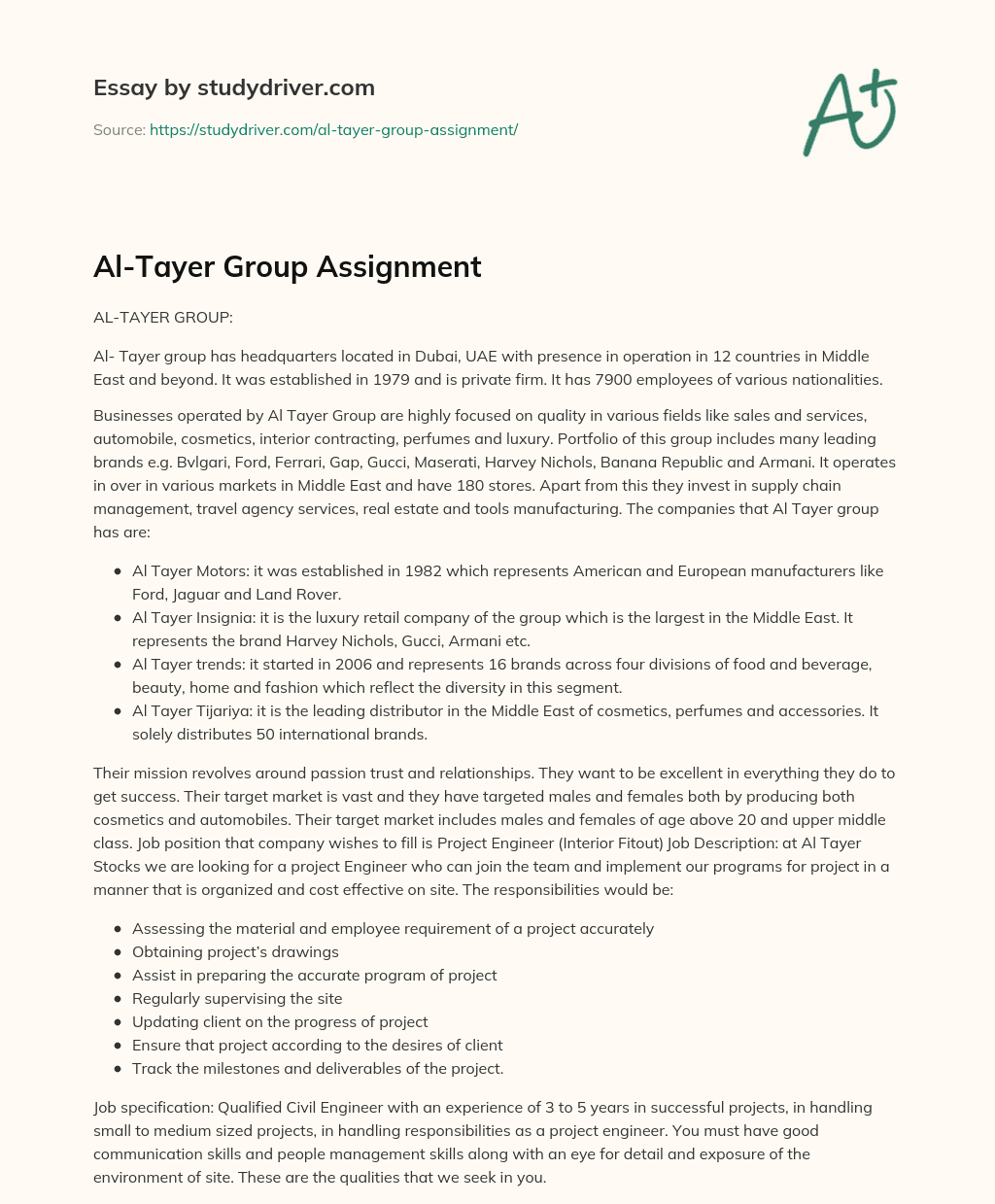 Al-Tayer Group Assignment essay